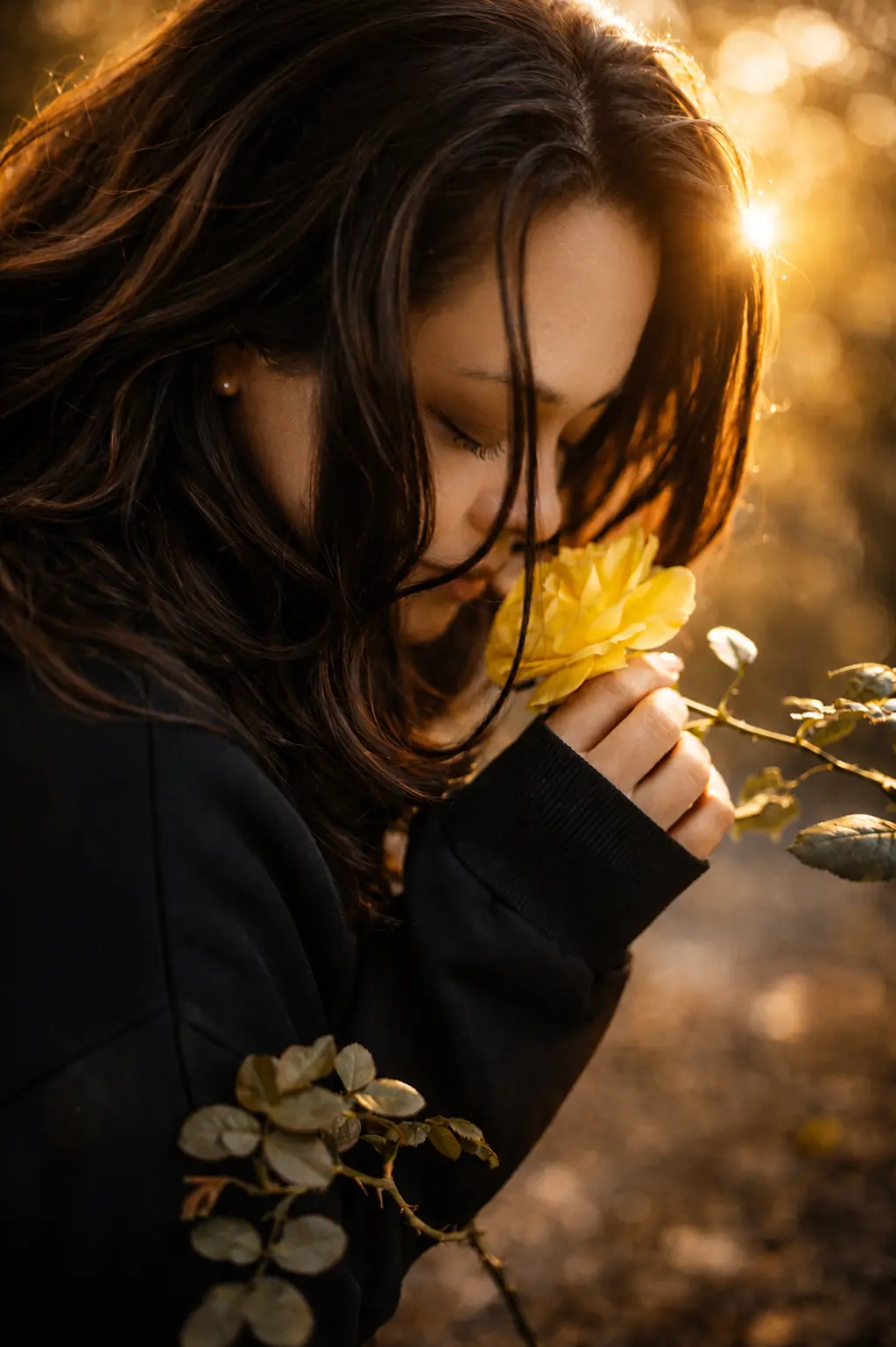 Cinematic portrait — woman with golden backlight holding a flower