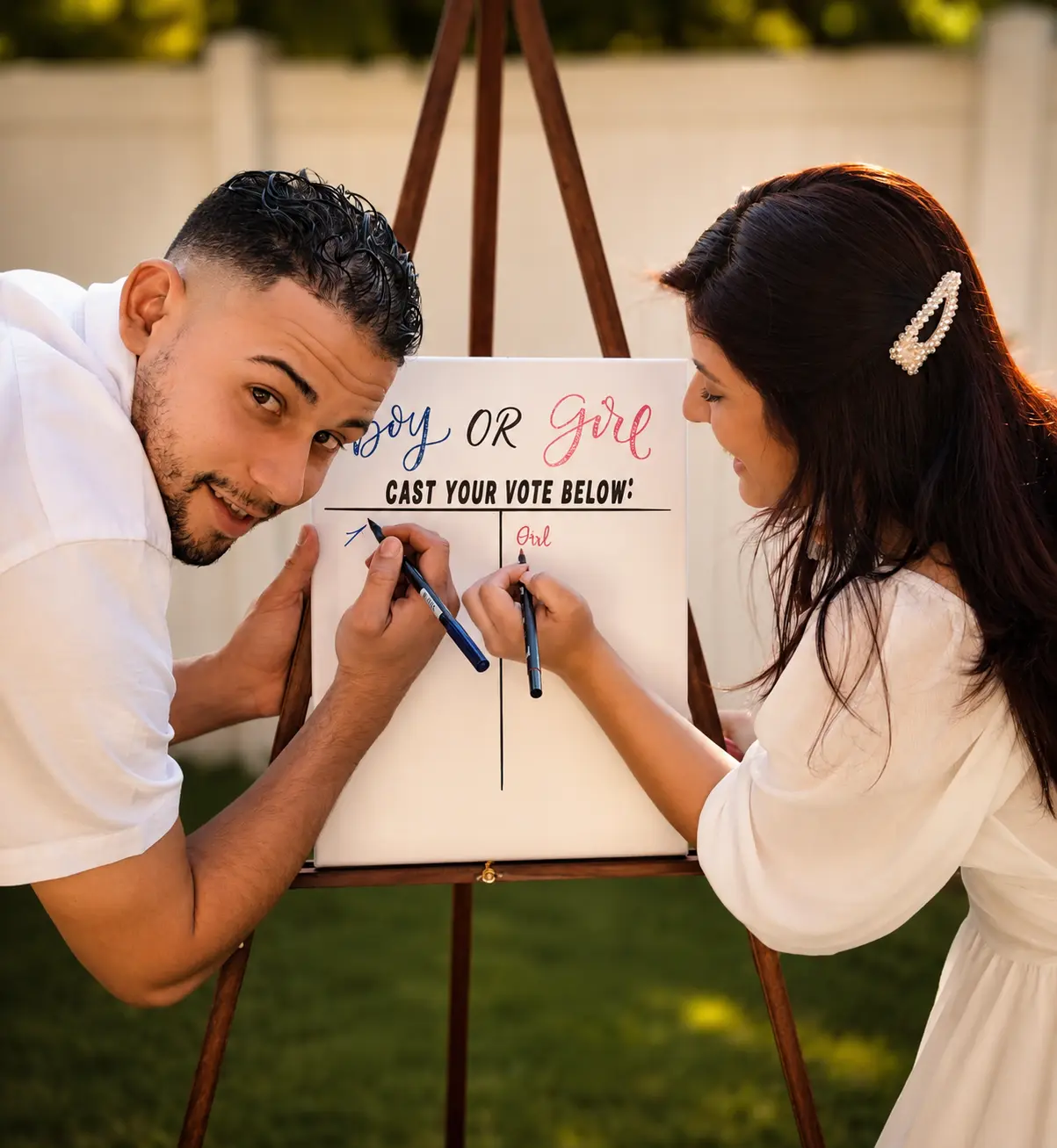 Creative gender reveal — couple voting boy or girl on easel
