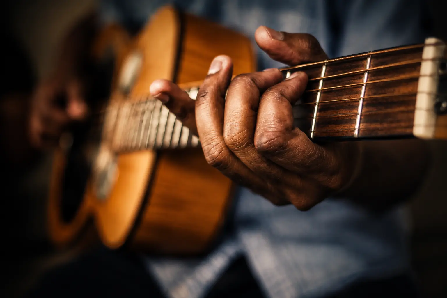 Cinematic detail — hands playing acoustic guitar