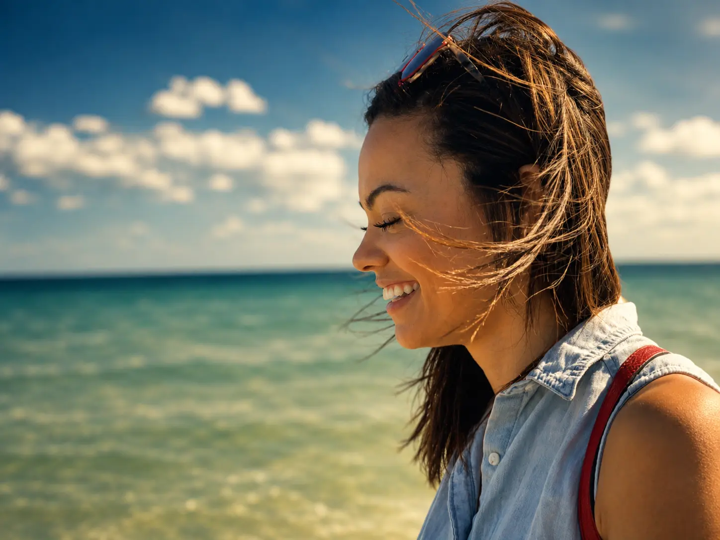 Portrait — woman smiling with wind-blown hair by the ocean