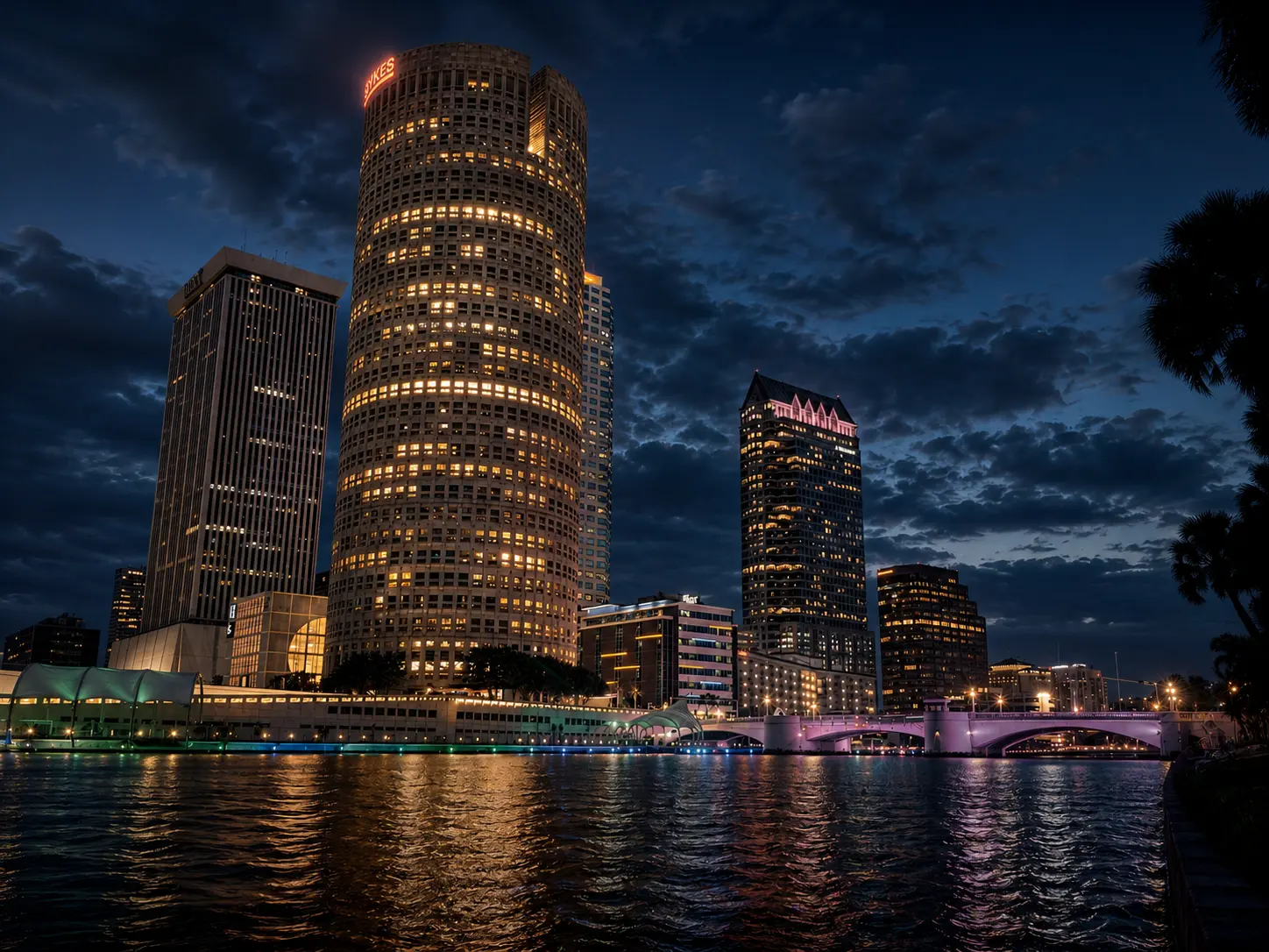 Tampa Bay downtown skyline at night with city lights reflecting on water