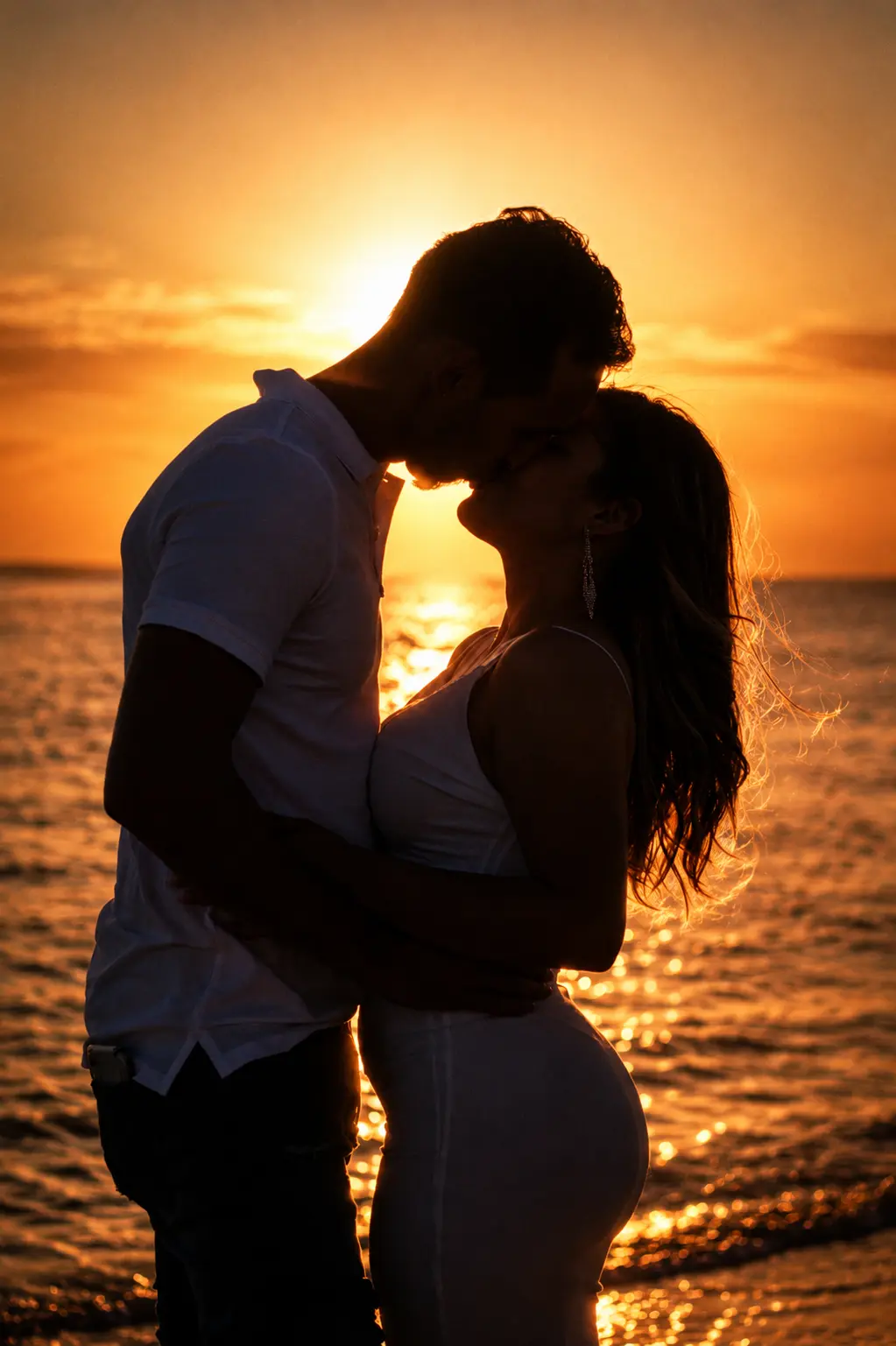 Zabelis — romantic silhouette kiss at golden hour on the beach